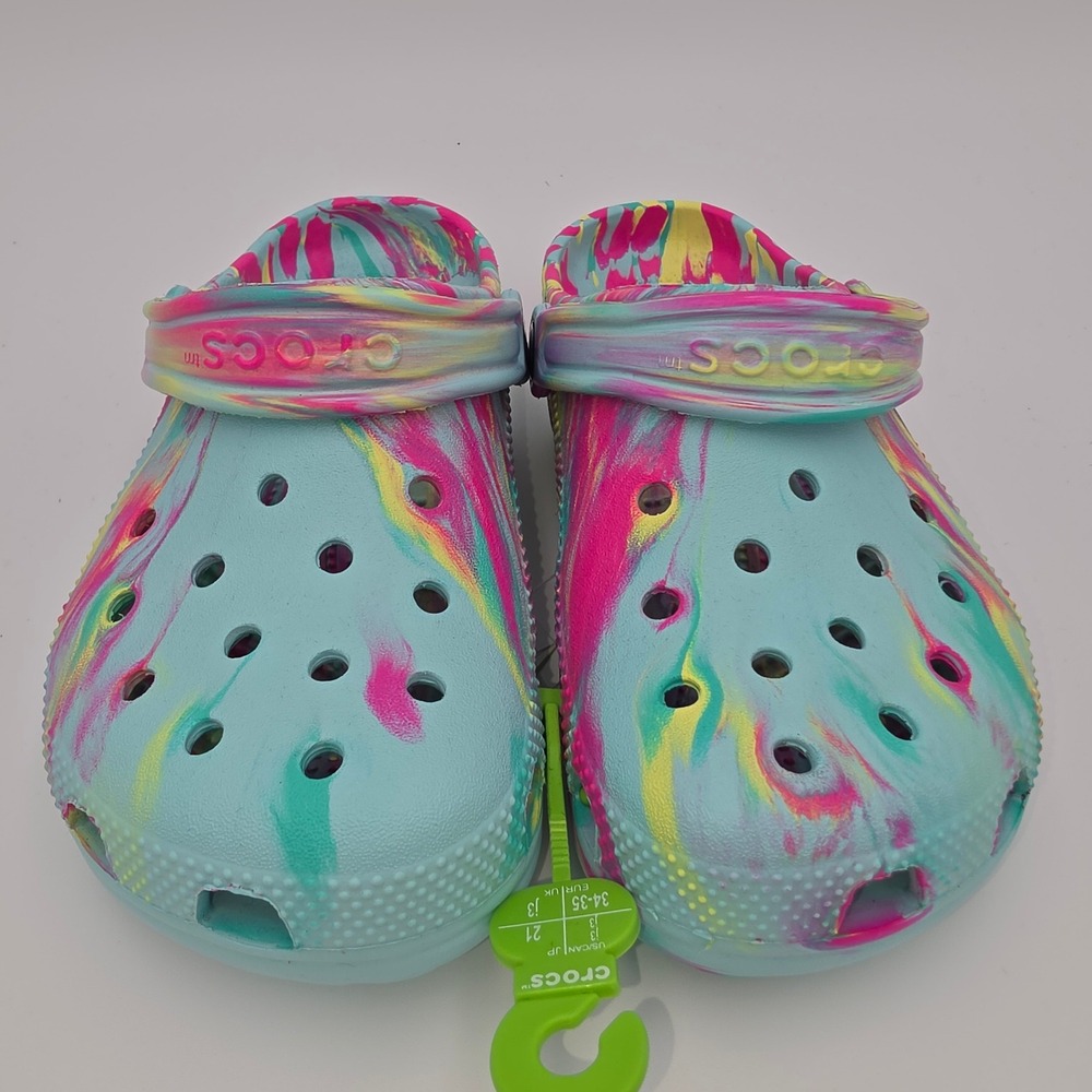 Crocs Kids Classic Marbled Clog Light Blue Pink Yellow J3 207464-4PE NWT